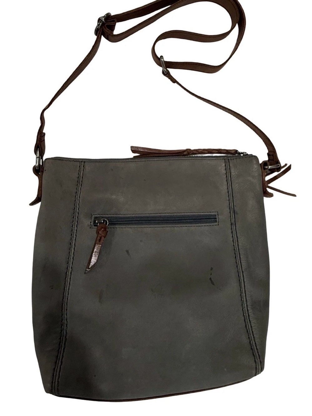 The Sak Ashland Leather Crossbody Bag Gray Brown Tassel Boho Purse - Picture 7 of 9